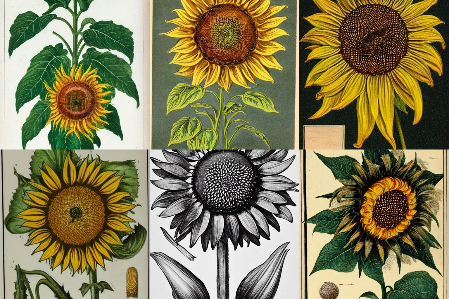 Prompt: Highly detailed labeled vintage botanical illustration of malevolent sunflower with eye-like center