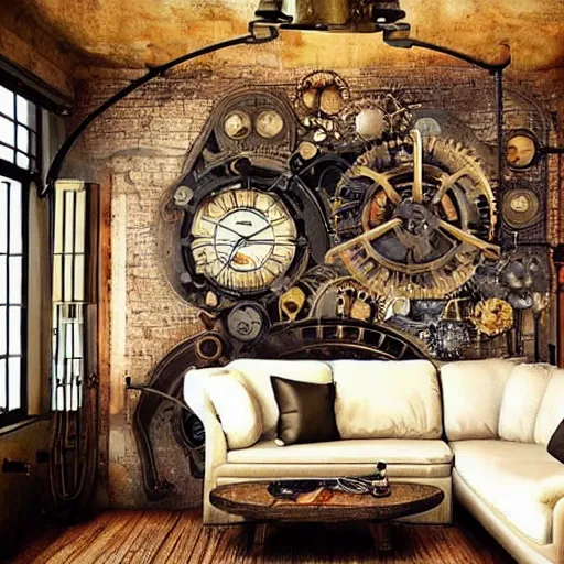 Image similar to steampunk living room, interior design, steam