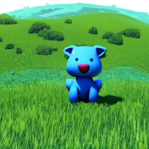 Image similar to a small blue animal sitting on top of a lush green field, a screenshot by ken sugimori, tumblr, toyism, ps 1 graphics, physically based rendering