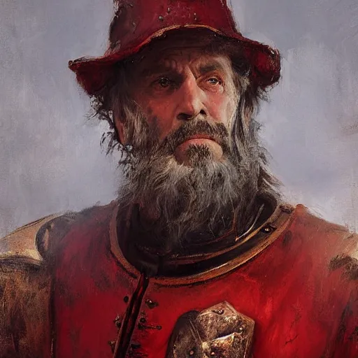 Image similar to Solomon Joseph Solomon and Richard Schmid and Jeremy Lipking victorian genre painting portrait painting of a old rugged movie actor medieval knight character in fantasy costume, red background