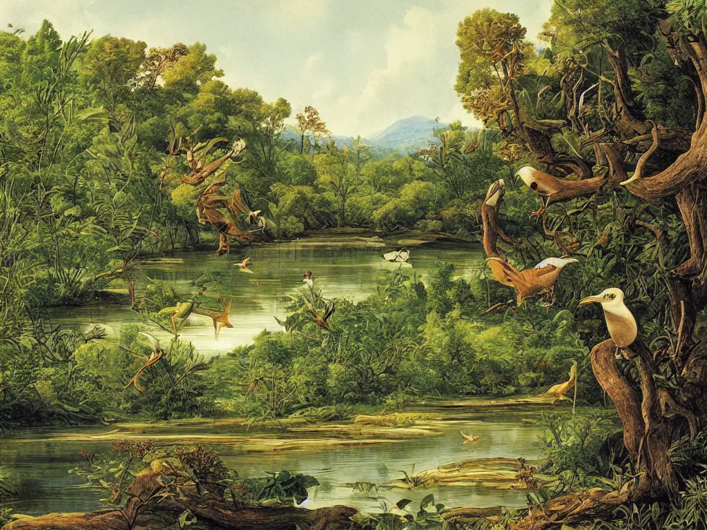 Image similar to Fauna on Earth 50 million years ago. A river, meadow. Painting by Audubon