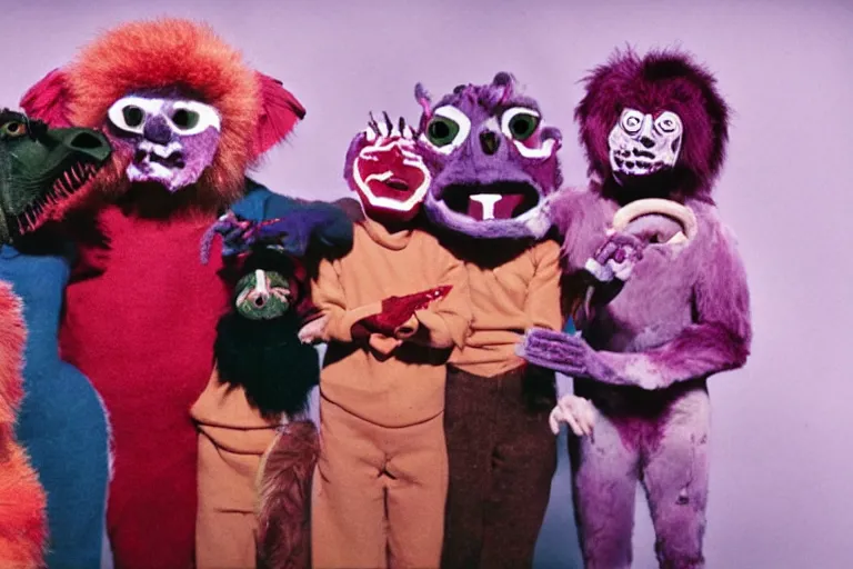 Image similar to a glitchy color still from a horrific live action 1 9 6 4 kids show about, unnatural furry puppets, grunge, horror, despair, broken