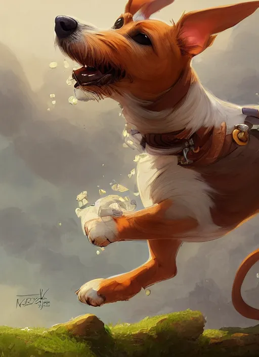 Image similar to adorable jack russel terrier jumping over a brick wall, fantasy art, artstation character design contest winner, trending on cgsociety, concept art, speedpaint, beautiful digital art, jesper ejsing, james jean, justin gerard, fenghua zhong, makoto shinkai, highly detailed