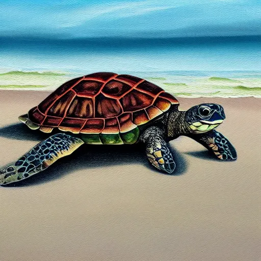 Image similar to a detailed painting of a turtle, all alone, on the beach, on a cloudy day