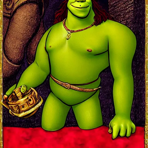 Image similar to shrek from shrek with long lush golden hair attractive muscular stylish knight in shining golden armor with long lush golden hair a strong jaw and attractive green eyes shrek is riding on top of a red dragon, fantasy art, hyper detailed, extremely complex, hyper realistic, similar to the mona lisa, art by leonardo devinci