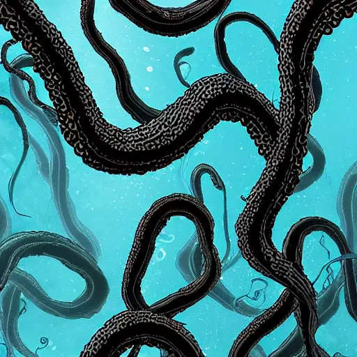 Image similar to “a swarm of dark tentacles underwater, beautiful digital art, underwater photography, deep ocean abyss, dark blue water background”