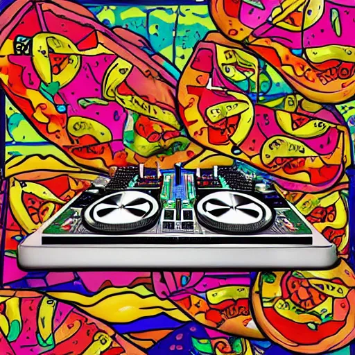 Image similar to album cover of a DJ table with pizza's for vinyl's, psychedelic, 16k, trending on artstation