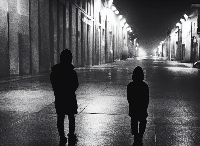 Image similar to boy from the back with a black hoodie, in the sky an illuminated angel stares at him, empty city street at night, heavy rain, cars parked, dramatic lighting, cinematic, establishing shot, extremly high detail, photorealistic, cinematic lighting, post processed