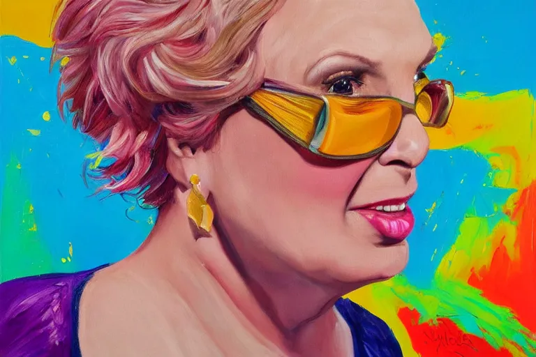 Image similar to A bright, happy painting of a Jennifer Saunders, beautiful, hyperrealistic, high-quality, professional, dramatic lighting, extremely high detail, trending on artstation