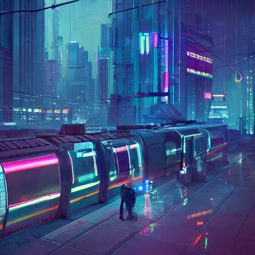 Prompt: cyberpunk moody isometric scene with glassy futuristic train and a man standing inside of it, high angle. With foggy cyberpunk neon city as a background. Digital art, octane render, unreal engine, realistic