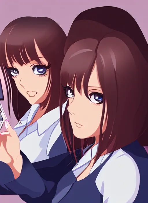 Image similar to a mirror selfie of two beautiful office ladies, gorgeous faces, thick lines, cinematic lighting, detailed anime art