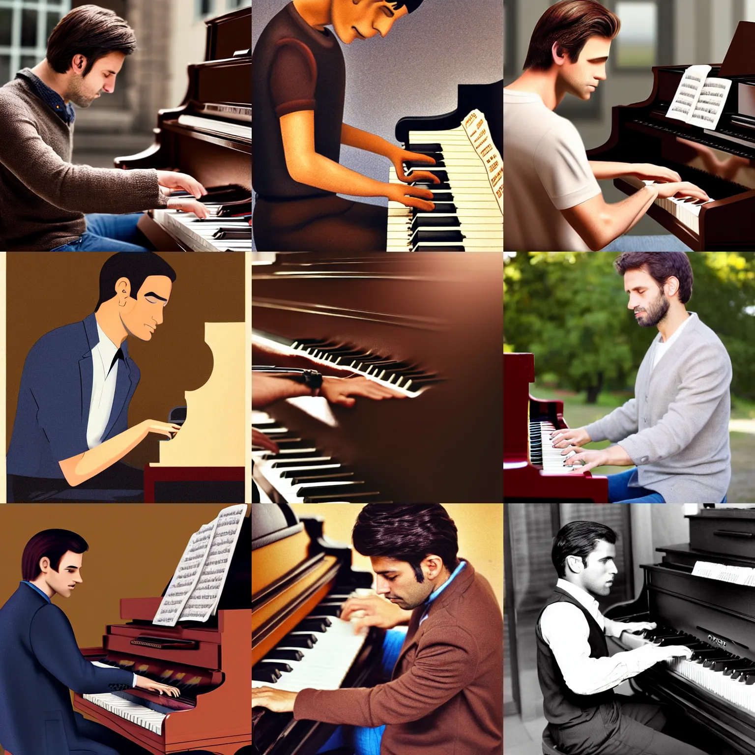 Prompt: handless handsome brown hair man playing the piano in public, photorealist, canon, award - winning, emotional