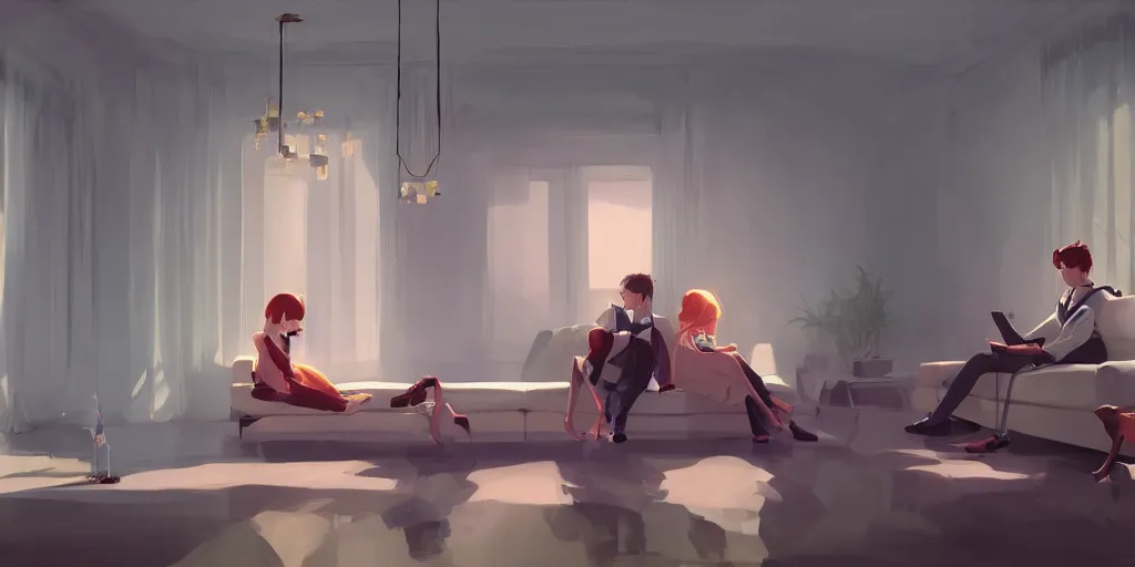 Prompt: a beautiful couple in an elegant living room suspended on a cloud above emerald lagoon, there is a beautiful marshall speaker with visible music coming from, mattepainting concept Blizzard pixar maya engine on stylized background global illumination lighting artstation  lois van baarle, ilya kuvshinov, rossdraws