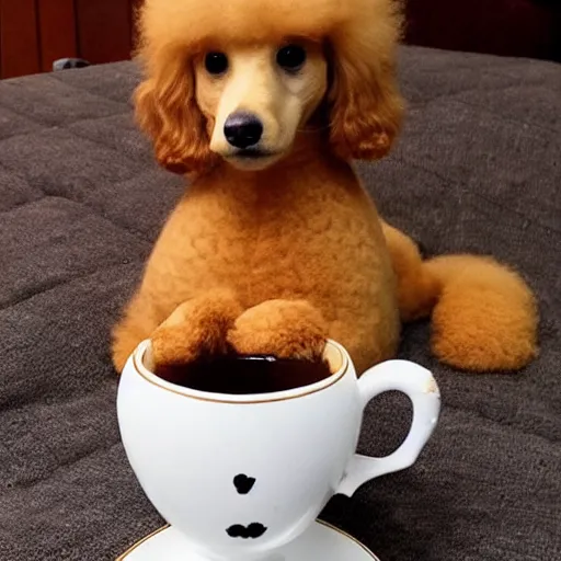 Image similar to very realistic cute poodle sitting inside a tea cup