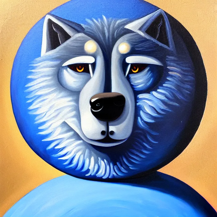 Prompt: a painting of a spherical indigo anthropomorphic male wolf, fursona, furry, round, cute, oil on canvas, soft textures