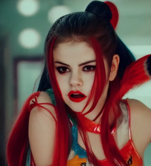 Image similar to selena gomez as harley quinn, movie still frame, hd, remastered, film grain, cinematic lighting