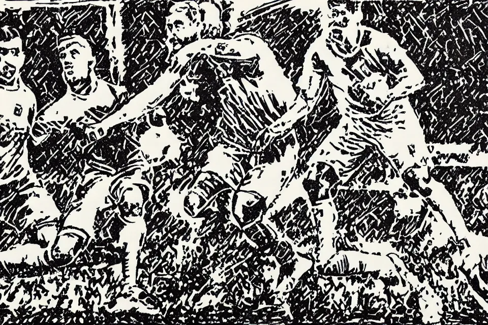 Image similar to a linocut engraving of ronaldo fenomeno