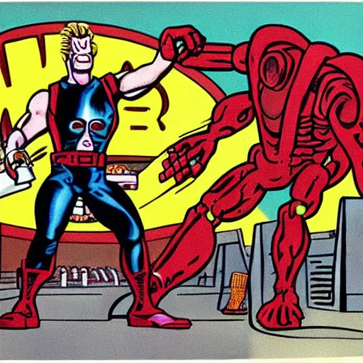 Prompt: the terminator works at McDonalds, painting by Steve Ditko