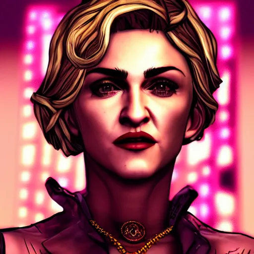 Prompt: madonna portrait, borderlands, tales from the borderlands, the wolf among us, comic, cinematic lighting, studio quality, 8 k