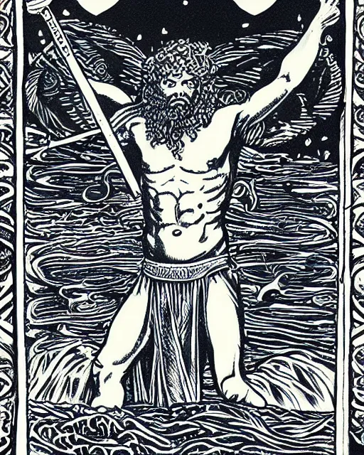 Image similar to Tarot card of Poseidon, god of the see and the protector of all waters, holding a trident, on black paper, detailed, intricate colored ink illustration, hyper-realistic