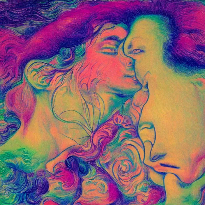 Image similar to close portrait of woman and man kissing. aurora borealis. iridescent, vivid psychedelic colors. painting by arcimboldo, agnes pelton, utamaro, monet