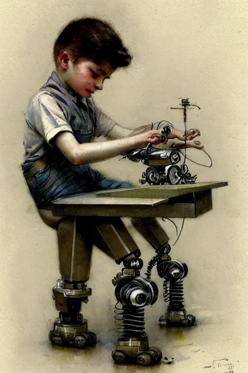 Image similar to (((((1950s a boy working on his robot . muted colors.))))) by Jean-Baptiste Monge !!!!!!!!!!!!!!!!!!!!!!!!!!!