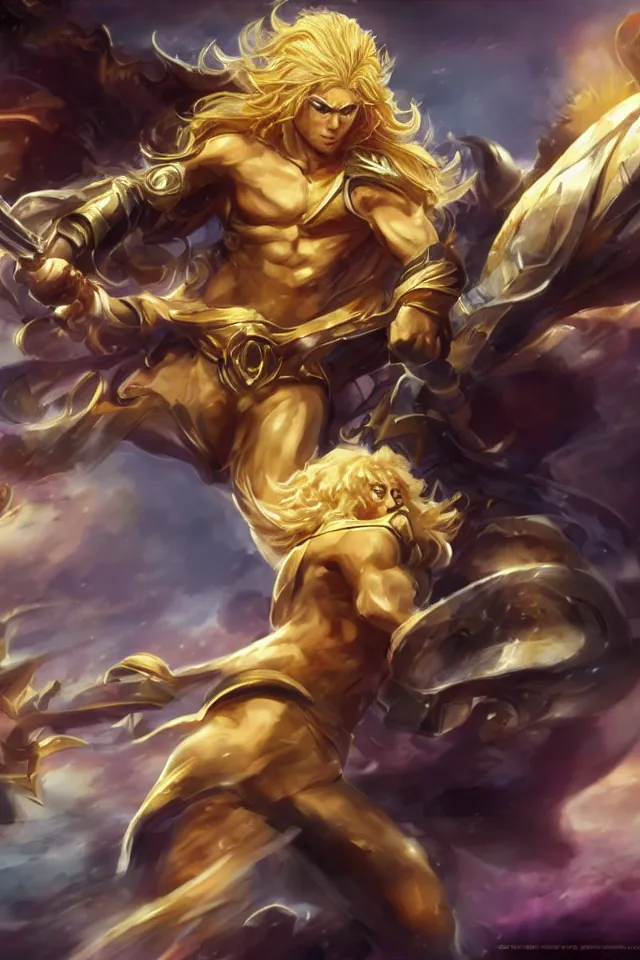 Image similar to Dio as a blond male demigod with beautiful long curly hair proclaiming victory over his subjects, grandiose royal palatial staging, official league of legends splash art, artstation HD