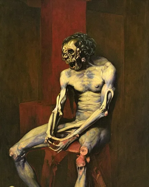 Prompt: portrait of anguished man crying by Francisco Goya and Francis Bacon and James Jean, vibrant background, mythological painting, oil painting, triadic color scheme, very coherent, Figure laughing seated on a throne made out of a bones and marble inside interior room, Beksinski painting, masterpiece, artstation