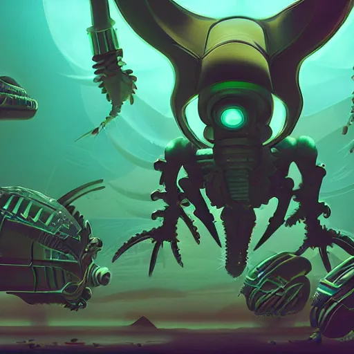 Prompt: concept art of a cyberpunk insectoid underwater alien and its minions, retro technology