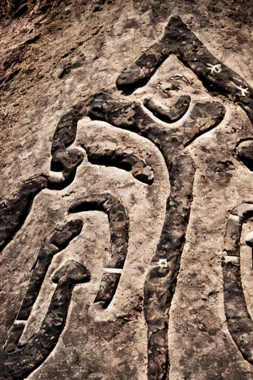 Image similar to 4 k photography of petroglyphs representing crosses, ufo, yin yang symbol on a cave