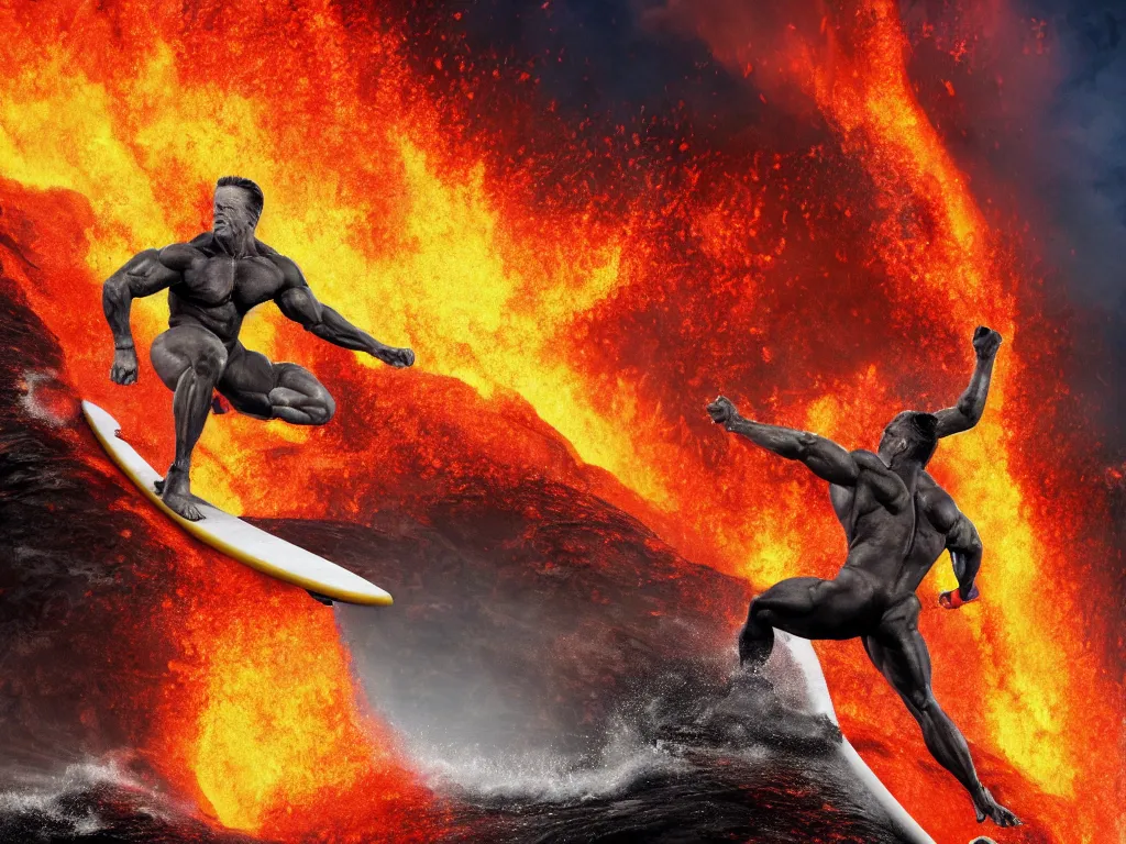 Prompt: arnold schwarzenegger surfing, lava, erupting volcano, muscular, stunning scene, 8 k, extremely detailed digital painting, depth, bright colors, trending on artstation