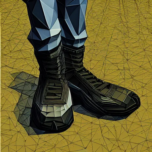 Prompt: low poly 8 k in style of half - life damaged shoe, high textured, conceptual, intricate detailed painting, illustration sharp detail, manga 1 9 9 0