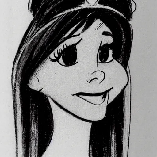 Image similar to milt kahl sketch of victoria justice as princess with hair tendrils