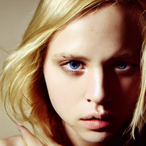 Prompt: portrait of blond girl who look like actor michael pitt green eyes hologram small lips