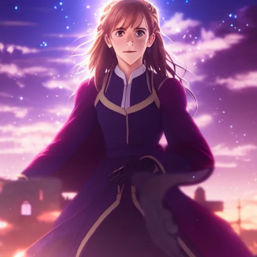 Image similar to portrait emma watson in heavens feel movie, detailed face, violet evergarden, tokyo, ufotable, key visual, cinematic, city background, night time, street, fate stay night, unlimited blade works, greg rutkowski, high resolution, street clothes, anime, high budget