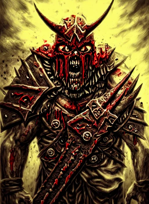 Image similar to berserker of khorne, blood warrior, evil, bloody axe, screaming, insanity, anger, psychopath, intricate, bloody runes, runes, yellow and brown lighting, bottom up lighting, warhammer, warhammer 4 0 k, highly detailed, digital painting, concept art, sharp focus, illustration, psychedelic, grim dark, moody, gloomy