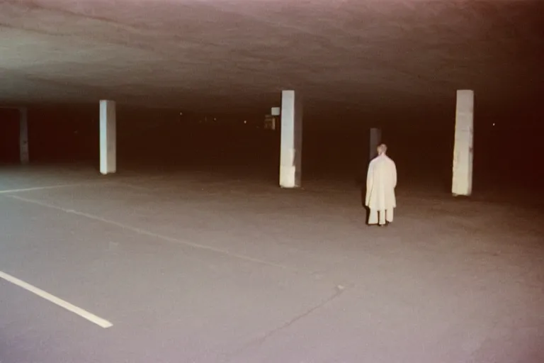 Prompt: shadowed figure with a low glow, inside of an badly lit 1970s parking garage, ektachrome photograph, volumetric lighting, f8 aperture, cinematic Eastman 5384 film