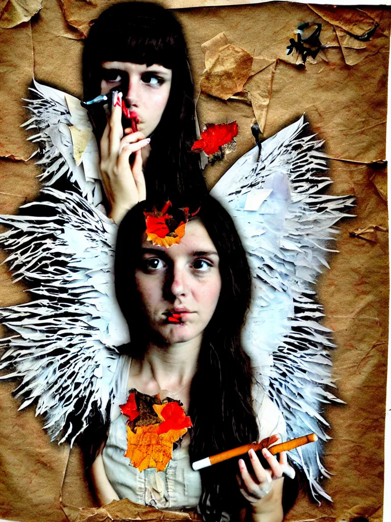 Image similar to a young adult angelgirl smoking a cigarette and ratty feathered angel wings, stressed and burnt out, collage effect, collaged, torn paper, torn paper collage, overexposure, overexposed, high exposure