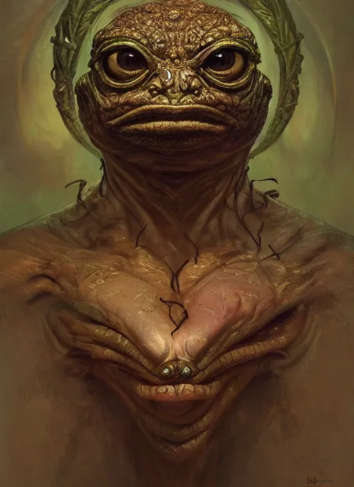 Image similar to 4 chan pepe, ancient sumerian god kek, sad, portrait, intricate, elegant, highly detailed, digital painting, artstation, concept art, wallpaper, smooth, sharp focus, illustration, art by h. r. giger and artgerm and greg rutkowski and alphonse mucha