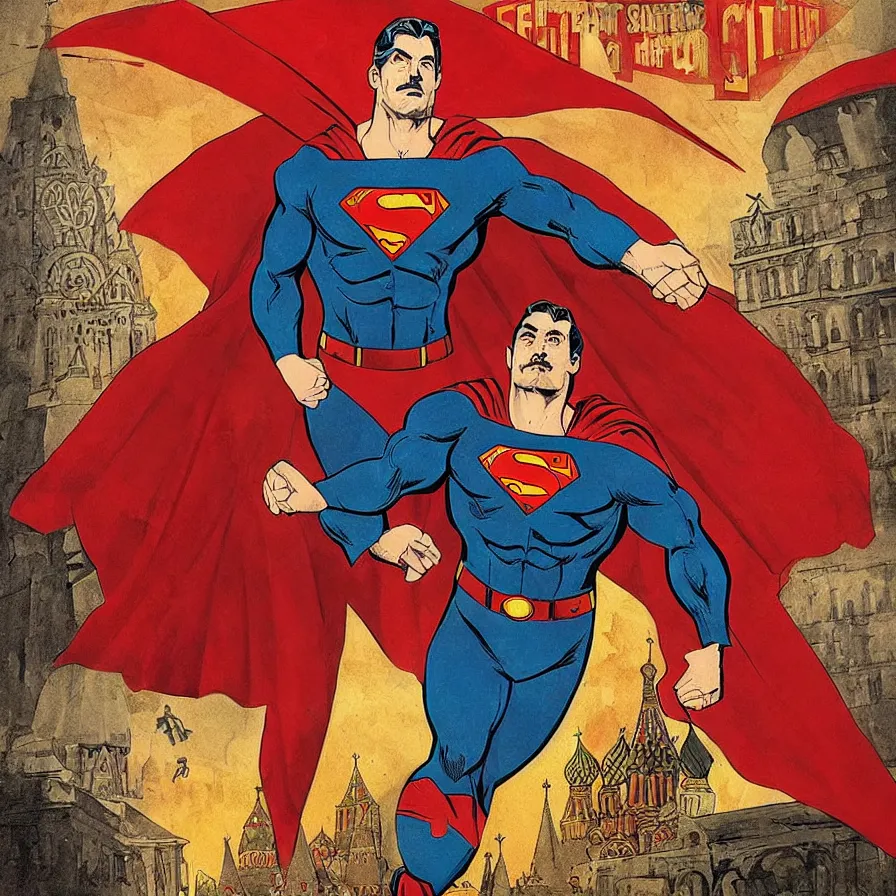 Image similar to epic comic book cover of stalin as superman floating over the red square ( moscow ), soviet propaganda poster, socialist realism, aesthetically pleasing, finely detailed facial features, photorealistic, intricate digital art, trending artstation, artgem, rich moody colors, fan art, concept art, in the style of the red son and invincible