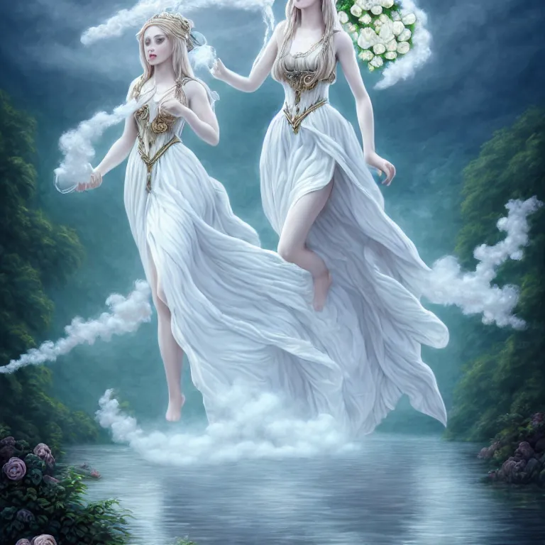 Image similar to meredit frampton style : the goddess of the lake with a large magnificent vaporous wrapped hight decorated, detailed, white roses organze cotton dress, highly detailed, d & d, water everwhere fantasy, highly detailed, digital painting, trending on artstation, concept art, sharp focus, global illumination, ray tracing, illustration, art by artgerm, fine art