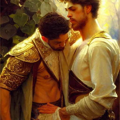 Image similar to attractive fully clothed king confesses his love for his attractive fully clothed male prince. highly detailed painting by gaston bussiere, craig mullins, j. c. leyendecker