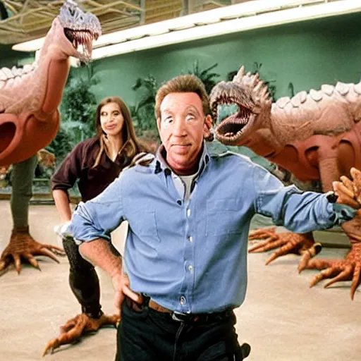 Prompt: tim allen working at wendy ’ s with a bunch of cyborg dinosaurs