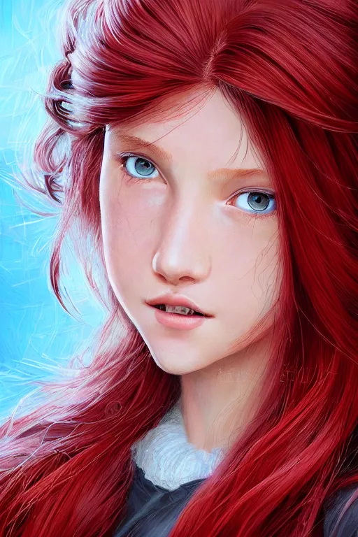 Prompt: ultra realistic style illustration of a beautiful cute red haired joyful and playful 1 9 year old teen girl ninja, full portrait, long hair, sci - fi, fantasy, intricate, elegant, digital painting, artstation, concept art, smooth, sharp focus, 8 k frostbite 3 engine, ultra detailed, art by artgerm and greg rutkowski and magali villeneuve