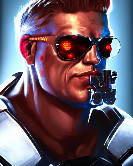 Prompt: cyborg duke nukem portrait, epic, cinematic, artstation, ismail inceaglu