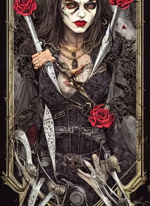 Image similar to tarot card :: horror :: vampires and draculas :: cult and clan :: hearts and roses :: gold and silver :: guns and swords :: highly details :: intricate details :: Sandra Chevrier and bastien lecouffe deharme