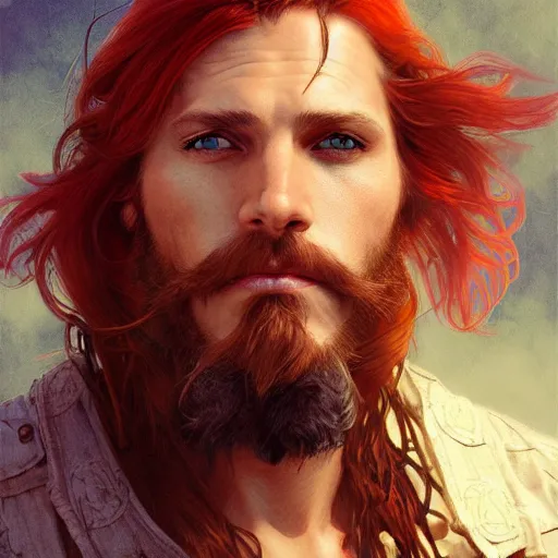 Prompt: rugged playful pirate, 3 0 years old, male, handsome, masculine, red hair, long hair, soft hair, fantasy, intricate, elegant, highly detailed, steampunk, airship, digital painting, artstation, concept art, character art, smooth, sharp focus, illustration, art by artgerm and greg rutkowski and alphonse mucha