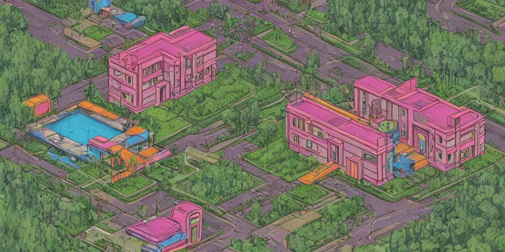 Prompt: 80s mansion in the style of simon stalenhag