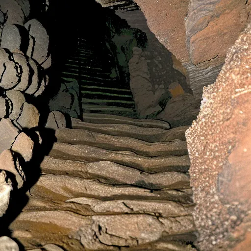 Image similar to The stairway is cut into the rocky sides of the chasm, descending to the bottom. The handholds of the stairway are smooth, and the sandy earth of the pathway is imbued with the scat of a variety of animals. You spot a web-toed humanoid footprint, descending into the cavern.