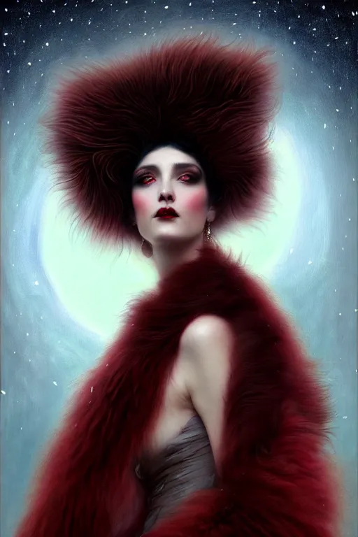 Image similar to Nocturne, glowing, stars, a portrait of a shadow monster hybrid woman with long fur and a feathered collar, highly detailed, mysterious, ethereal, dressed in red velvet, haute couture, illustration, dramatic lighting, soft details, painting, by Edmund Blair Leighton, Brom, Charlie Bowater, trending on artstation, faces by Tom Bagshaw, otto schmidt
